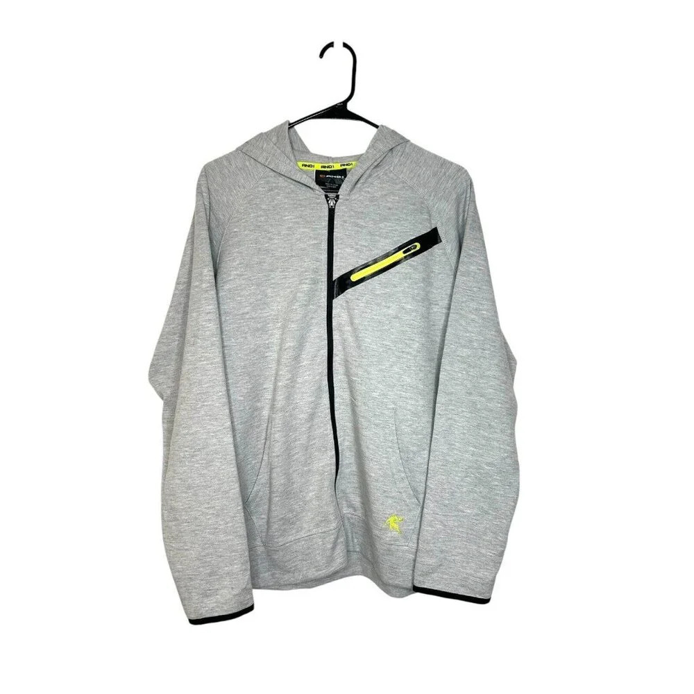 And1 Hoodie Youth Boys Sz 2XL Gray Full Zip Logo Black/Neon Yellow Trim EUC